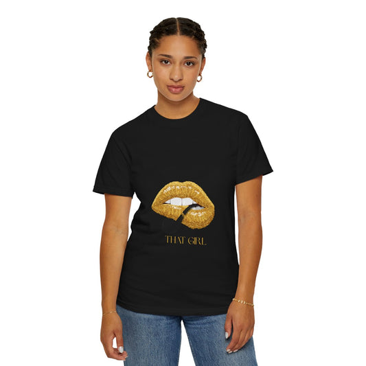That Girl Lip Tee — Glossy Gold Graphic Relaxed Fit T-Shirt-Black